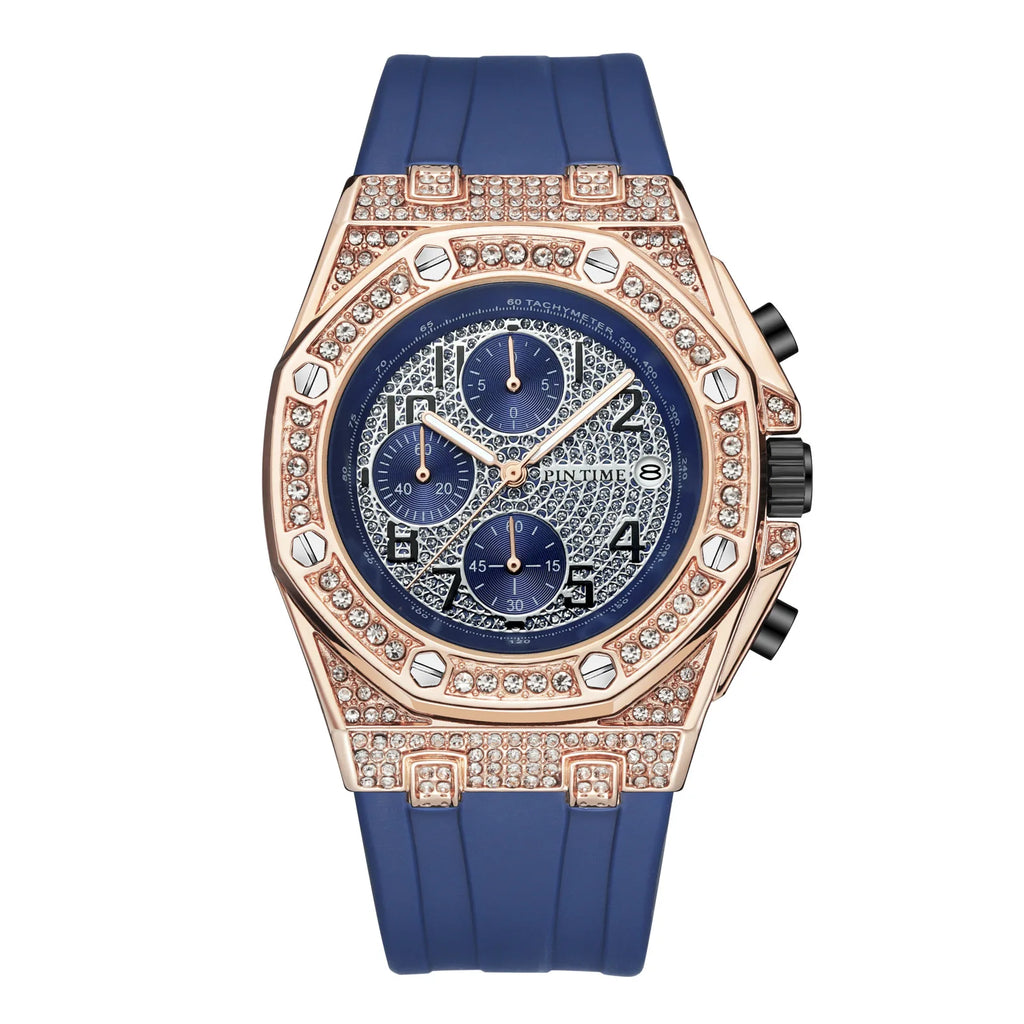 Men's Vintage Quartz Watch Alloy Diamond Accents Chronograph Function Pointer Luminous Movement Large Silicone Band 30M Water