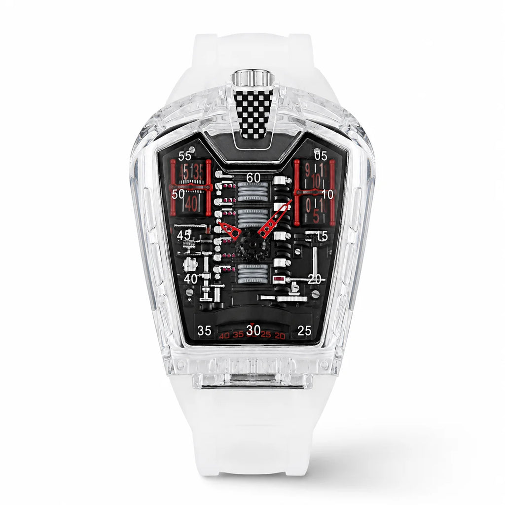 Transparent Men's Sport Watch 45mm Mineral-Strengthened Glass Silicone Band Quartz Movement Elegance Daily Use Business Acrylic