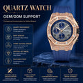 Men's Vintage Quartz Watch Alloy Diamond Accents Chronograph Function Pointer Luminous Movement Large Silicone Band 30M Water