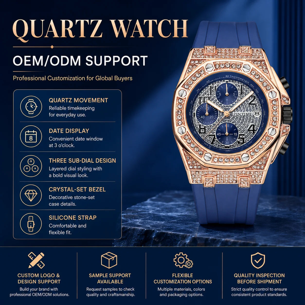 Men's Vintage Quartz Watch Alloy Diamond Accents Chronograph Function Pointer Luminous Movement Large Silicone Band 30M Water