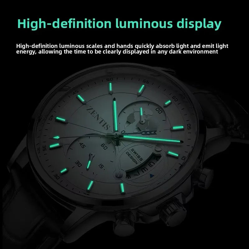 New Fashion Business Three-Hand Chronograph Alloy Quartz Leather Luminous Watch Leather Band Stylish Mens