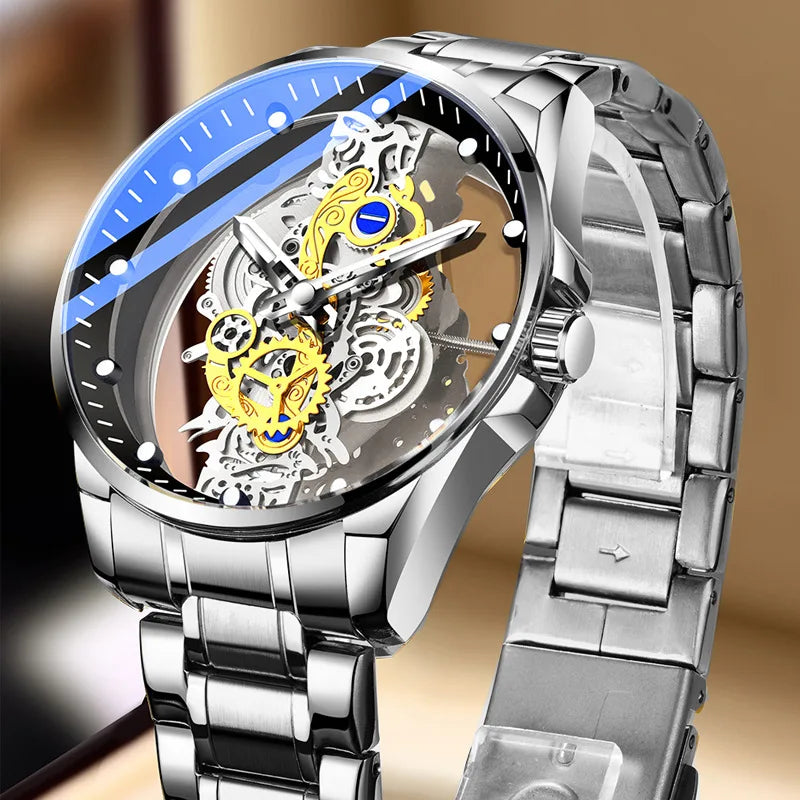 Double-Sided Transparent Hollow-Out Fully Automatic Men's Quartz Watch Stainless Steel 42mm 10mm Luminous Waterproof TikTok New