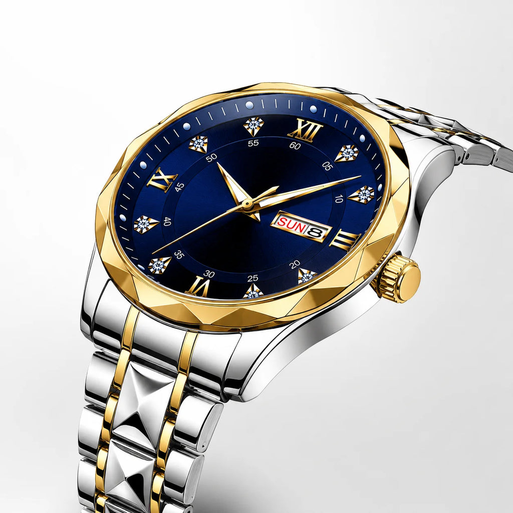 Luxury Men's Watch 10mm See-through Caseback Hollowed-out Design Dual-date Diamond-patterned Luminous Hands Pointer