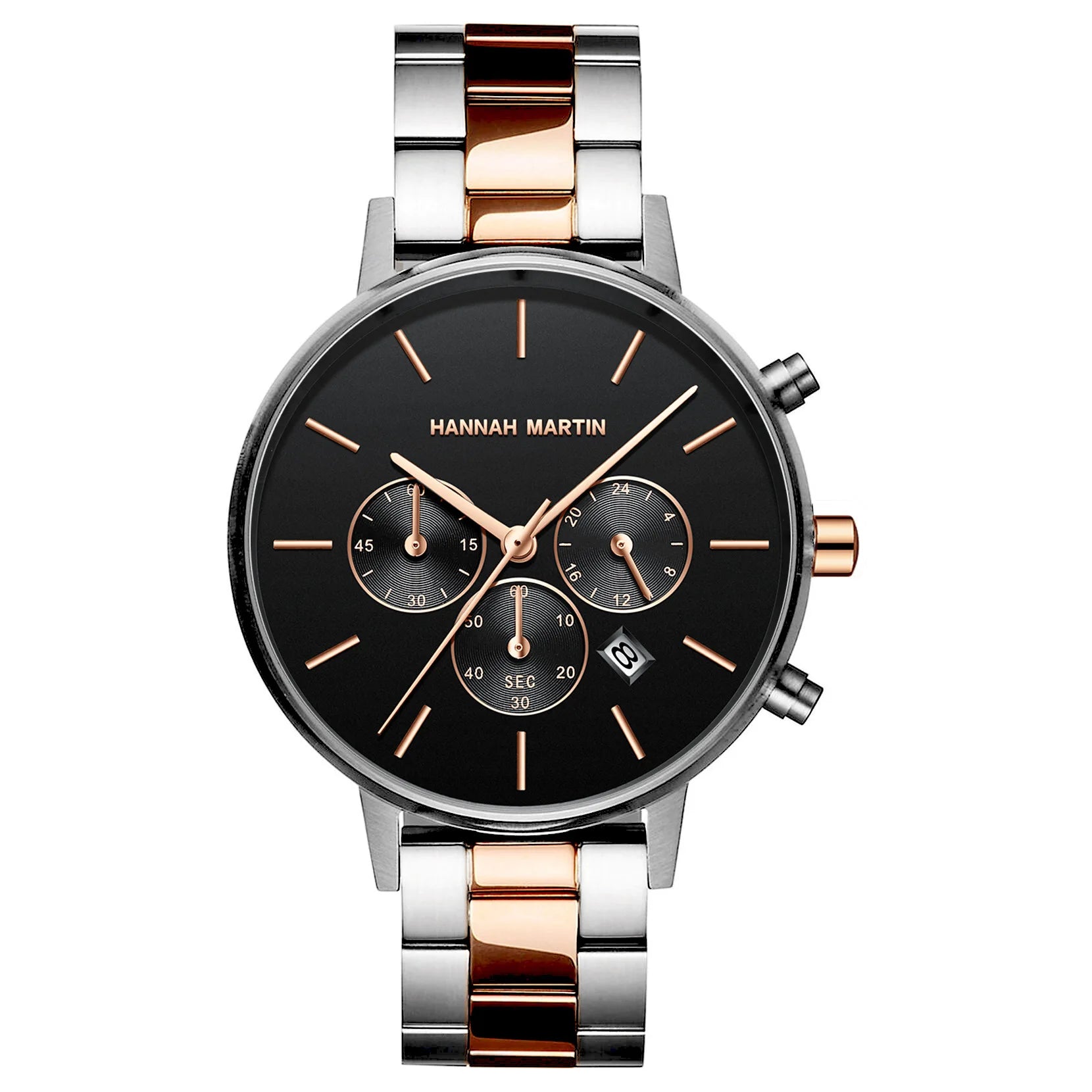 Three-Eye Six-Hand Chronograph Calendar Quartz Watch Alloy Case Stainless Steel Band 38mm Sapphire Crystal Waterproof Rose Gold