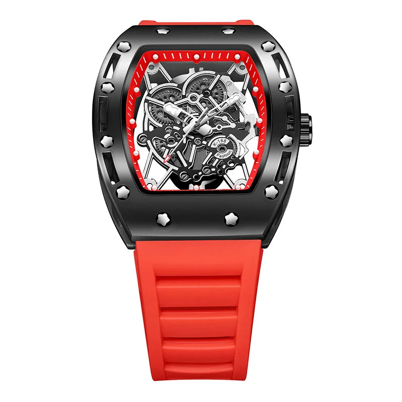 43mm Luxury Fashion Luminous Waterproof Alloy Case Silicone Band Pointer Dial Hollow-Out Quartz Barrel-Shaped Men's Watch
