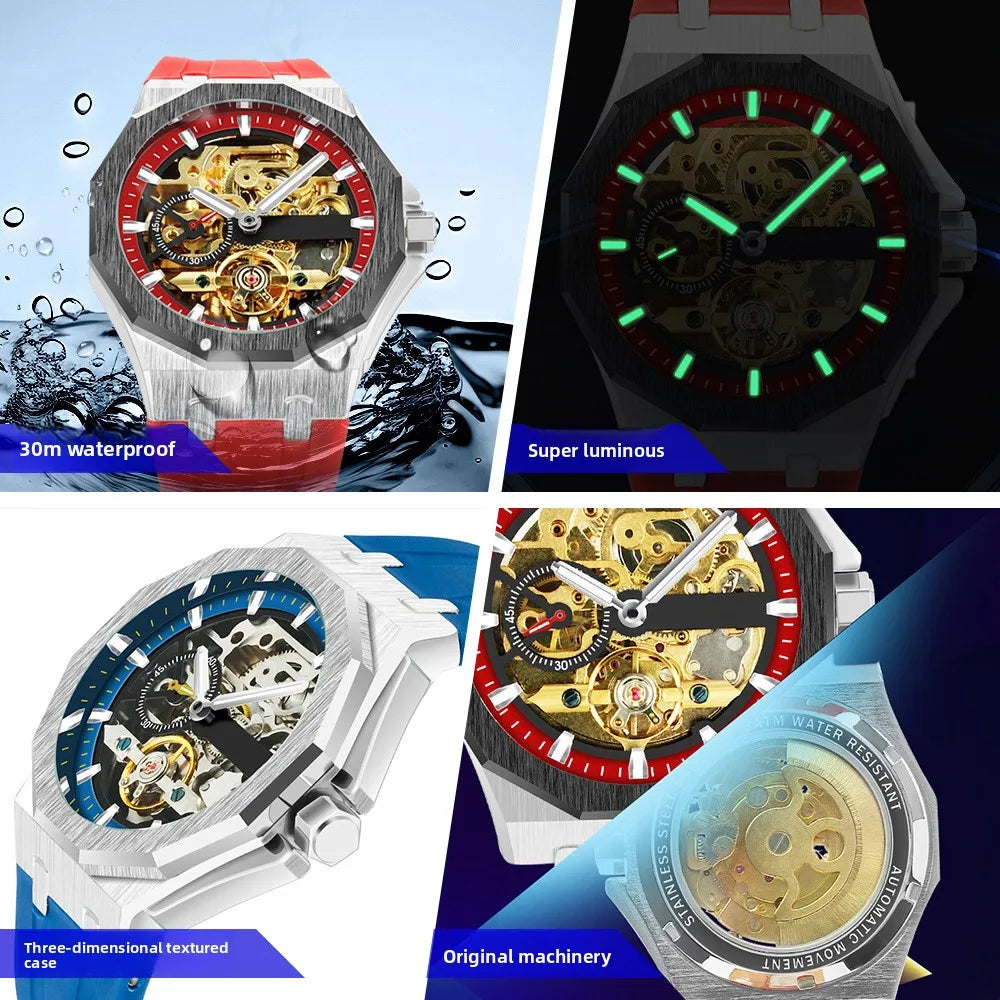 Stainless Steel Mechanical Watch Custom Logo Luminous Hands Pointer 30M Water Resistance Silicone Strap Automatic Movement 42mm