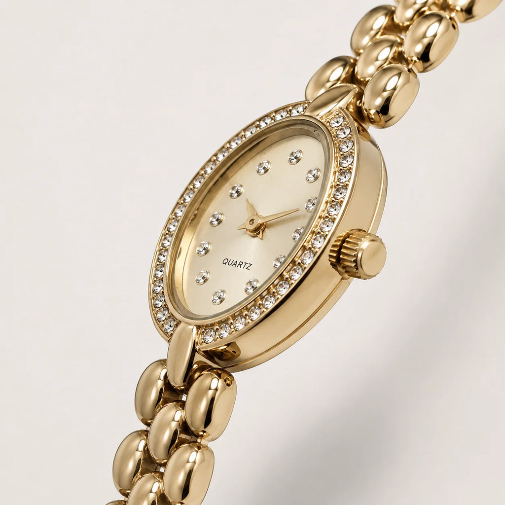OEM Custom Logo Small Quartz Analog Glass Watch Alloy Case Metal Strap Dial Vintage Luxury Butterfly Clasp Splash Resistant