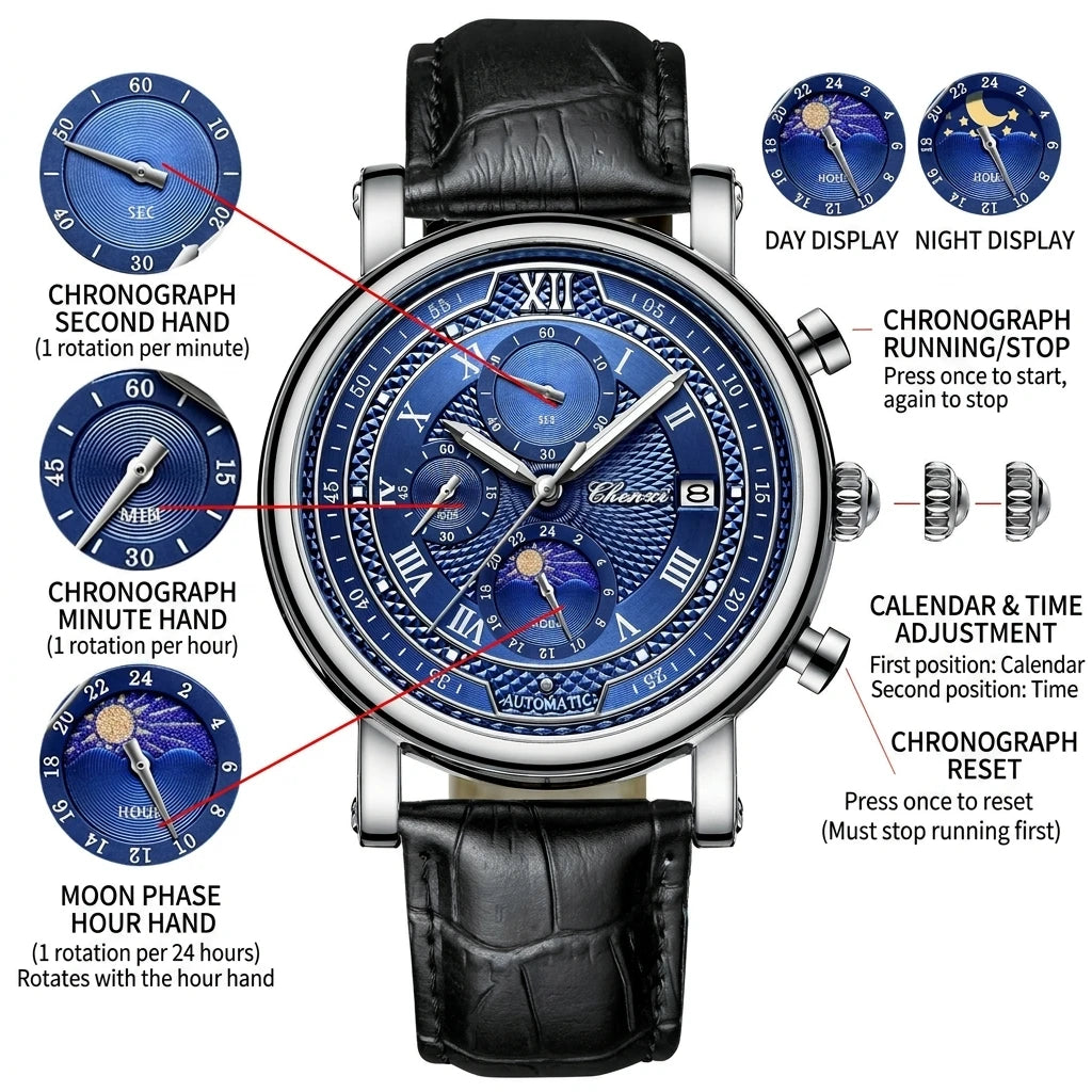 Morning Glow Multifunctional Chronograph Watch Genuine Alloy Leather Strap Quartz Movement Pointer 44mm 30M Water Resistant