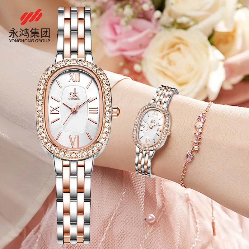Women's Fashion Oval Alloy Waterproof Diamond-encrusted Quartz Watch with Pointer Dial