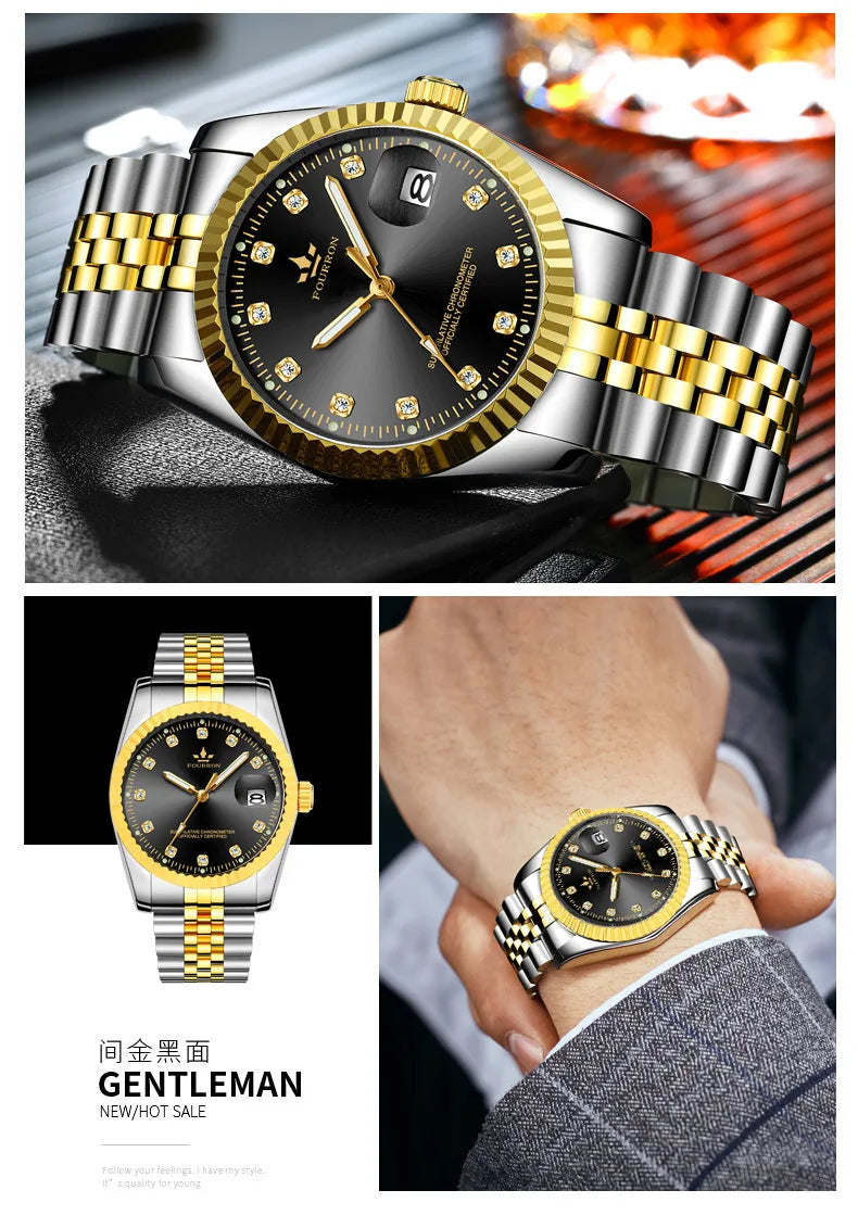 Men's Luxury Quartz Luminous Watch Calendar Function Stainless Steel Bracelet 10m Water Resistant 40mm
