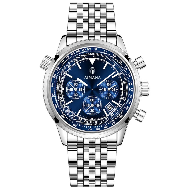 Brand Trendy Fashion Mens Watch Three-Hole Six-Hand Quartz Chronograph Multifunctional Business Waterproof Luminous Calendar Box