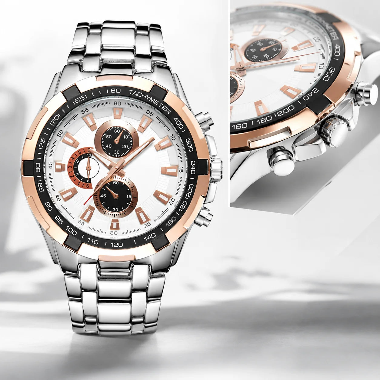 Fashionable Large-Dial Casual Business Watch Mens Quartz 30M Water Resistant Alloy 45mm 10mm Pointer Plain Glass Mirror Surface