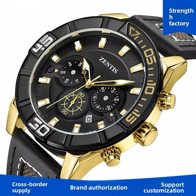 Cross-border Hot Selling Men's Sport Rotatable Diving Circle Multifunctional Chronograph Pointer Alloy Quartz Leather Waterproof