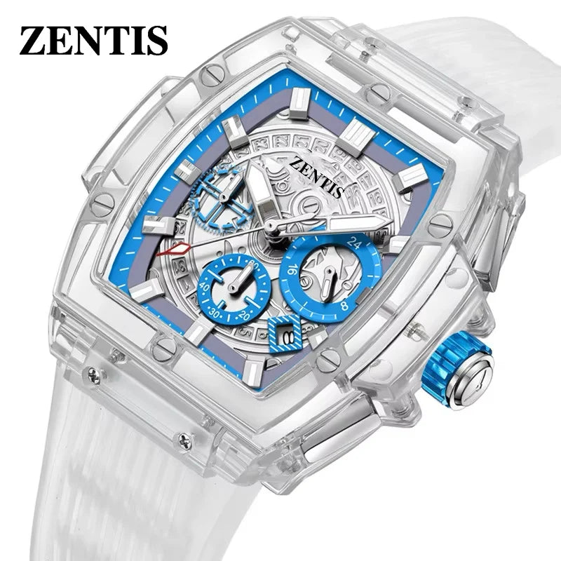 Transparent Case Square Luminous Quartz Movement Pointer Dial Men's Fashion Watch Alloy Case Plastic Band