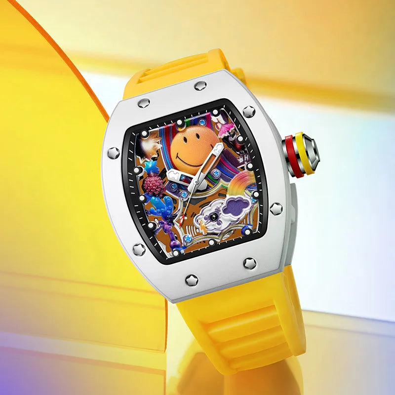 Luxury Smiling Face Barrel-Shaped Men's Quartz Watch Mineral-Strengthened Glass Silicone Band Luminous Dial 30M Water Resistant