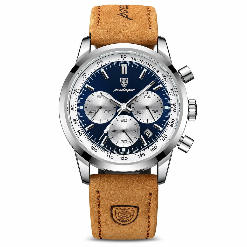 Brand New Men's Quartz Wristwatch Alloy 41mm Leather Strap Chronograph Pointer Dial 50m Water Resistant