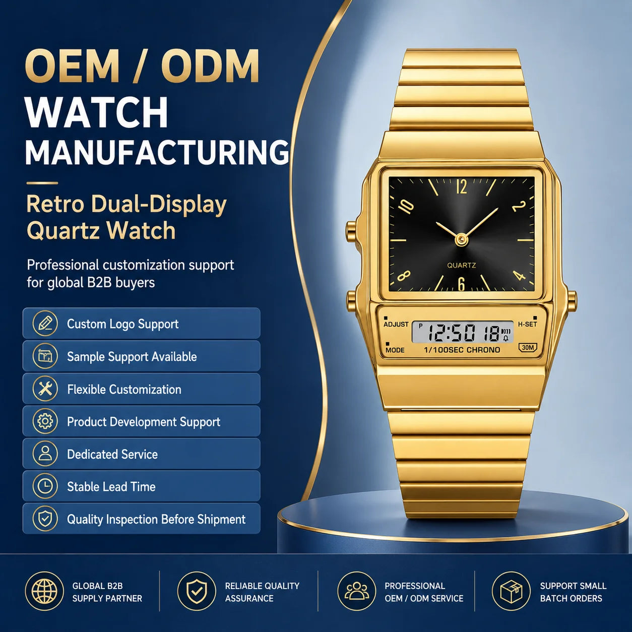Classic Square Analog-Digital Watch Alarm Unisex Fashion Multi-Color Dial Zinc Alloy Case Stainless Steel 3BAR Water Resistant