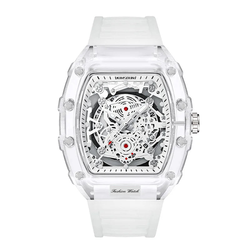 Fashion Personalized Barrel-shaped Quartz Watch Silicone Pointer Luminous Transparent Case 30M Water Resistant Stylish Mens 47mm
