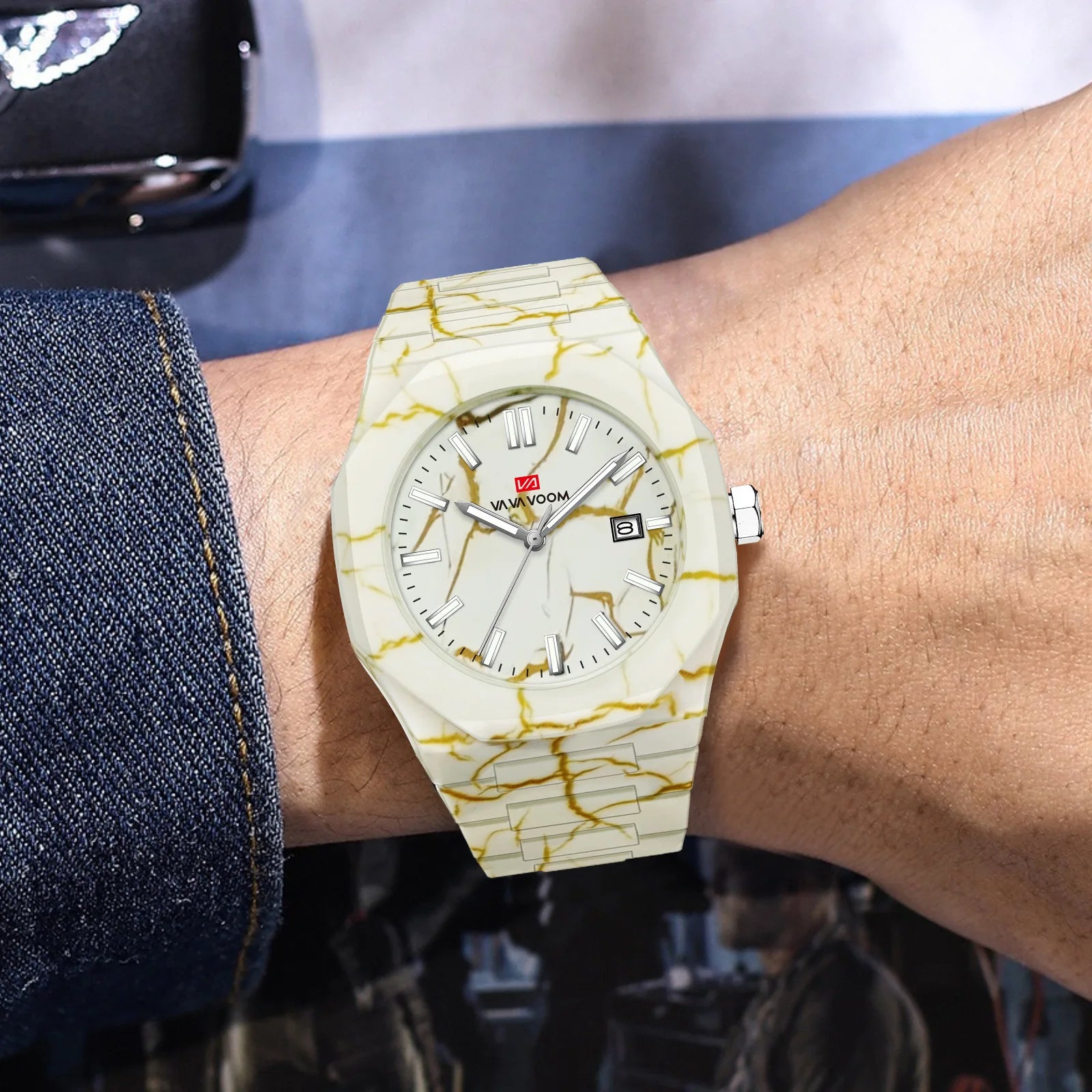 Marble Pattern Stainless Steel Strap Alloy Case 41mm Dial Mens Watch Business Fashion Pointer Dial Calendar Quartz Waterproof