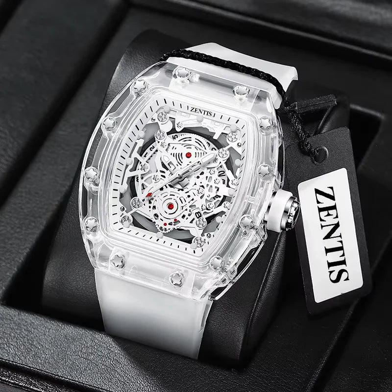 Fashion Men's Silicone Waterproof 30M Luminous Transparent Quartz Watch Pointer Mineral-reinforced Glass Mirror Barrel-shaped