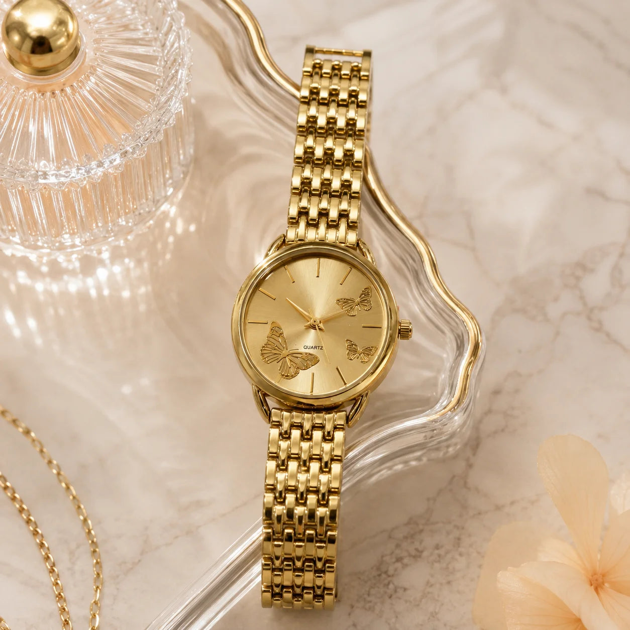 OEM Custom Logo Round Quartz Analog Glass Dial Watch Alloy Case Metal Strap 35mm Unisex Splash Resistant Wholesale Fashion