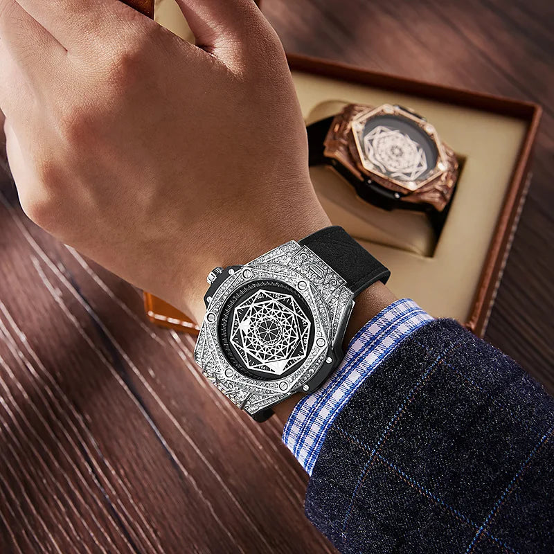 Diamond-embellished Alloy Case 45mm Pointer Dial Fashionable Trendy Creative Mens Silicone Luminous Quartz Watch