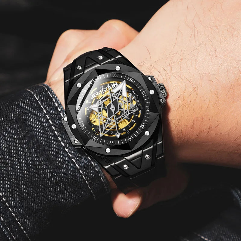 Fashionable Mens Fully Automatic Mechanical Watch Alloy Case Pointer Dial Hidden Clasp Silicone Band 30M Water Resistant Hip Hop