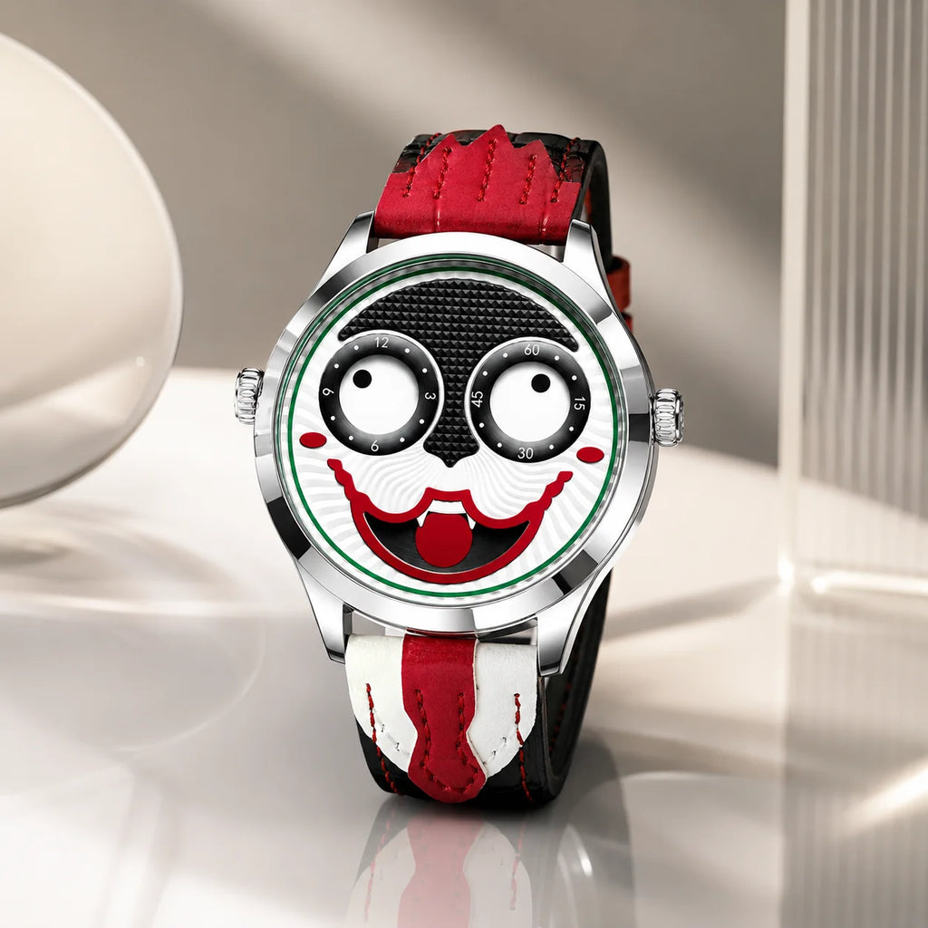 Cross-border Mens Clown-style Cartoon Fashionable Waterproof Alloy Leather Strap Quartz Movement Pointer 30M Water-resistant