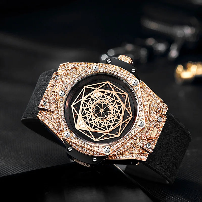 Diamond-embellished Alloy Case 45mm Pointer Dial Fashionable Trendy Creative Mens Silicone Luminous Quartz Watch