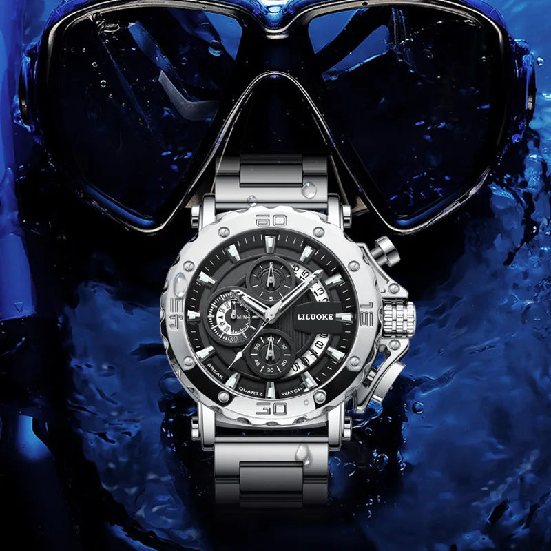 Men's Fashion Alloy Quartz Watch 45mm Pointer Dial Chunky Luminous Stainless Steel Band 30M Water Resistant Best-selling
