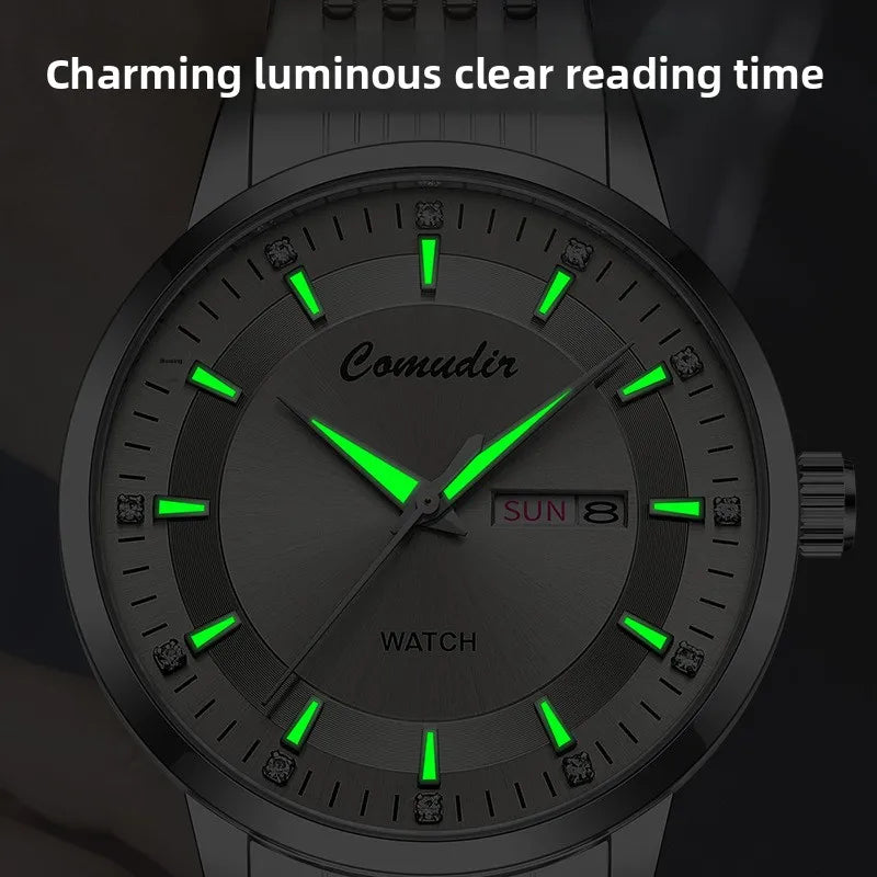 Automatic Quartz Men's Watch Hollow Waterproof 30M Water Resistant Tide Luminous Pointer Double Calendar Trembles Cross-Border