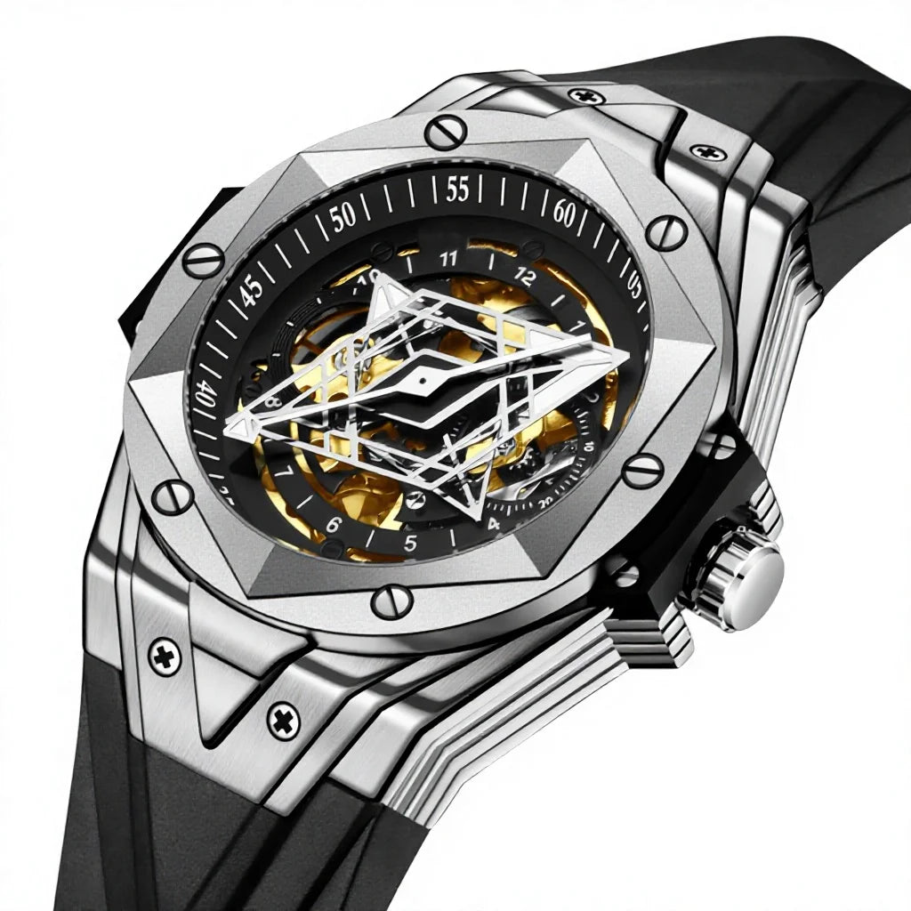 Fashionable Mens Fully Automatic Mechanical Watch Alloy Case Pointer Dial Hidden Clasp Silicone Band 30M Water Resistant Hip Hop
