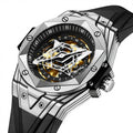 Fashionable Mens Fully Automatic Mechanical Watch Alloy Case Pointer Dial Hidden Clasp Silicone Band 30M Water Resistant Hip Hop