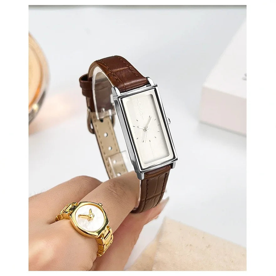 Fashion Trend Ancona Red Leather Strap Quartz Women's Watch Rectangle Alloy Pointer Dial 9mm Water Resistant 30M Retro