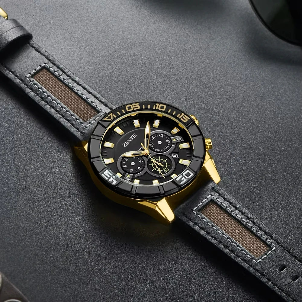 Cross-border Hot Selling Men's Sport Rotatable Diving Circle Multifunctional Chronograph Pointer Alloy Quartz Leather Waterproof