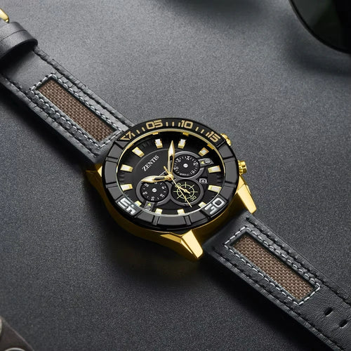 Cross-border Hot Selling Men's Sport Rotatable Diving Circle Multifunctional Chronograph Pointer Alloy Quartz Leather Waterproof