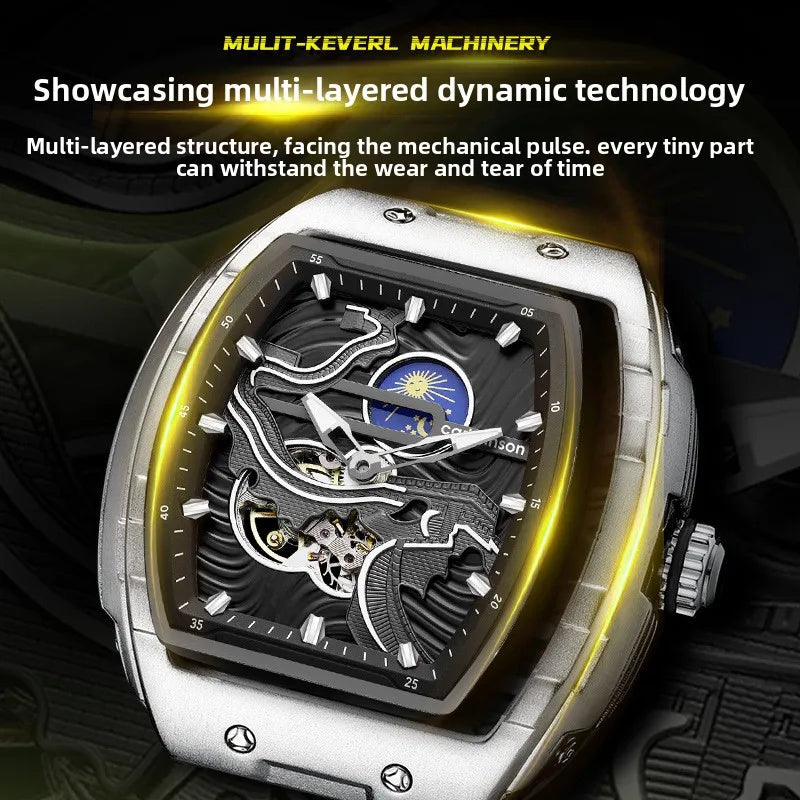 Cross-border TikTok Influencer Livestream Vintage Ethnic-style Watch Fully Automatic Open-work Luminous Mens Mechanical Silicone