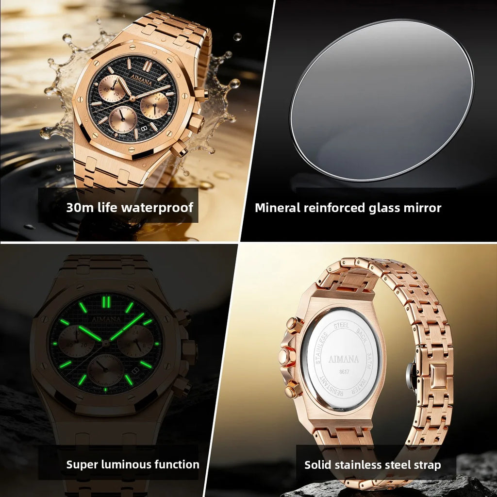 Cross-border New Multi-functional Six-hand Quartz Alloy Mens Watch Trendy Stainless Steel Band Luminous Pointer 9mm Business