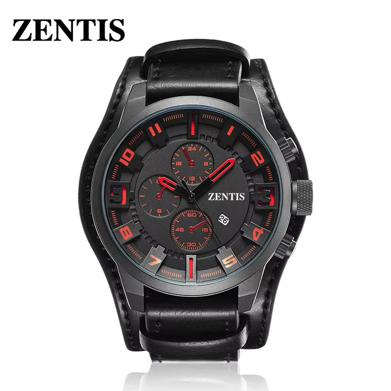 Men's Sport Quartz Watch Stainless Steel Case Leather Strap Mineral-reinforced Glass Pointer Dial Faux Six-Pin Calendar 30M