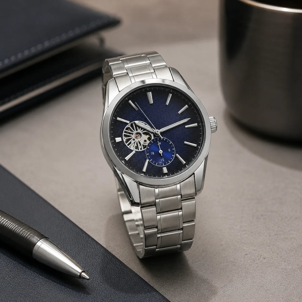 Premium Men's 10m Water Resistant Alloy Case Stainless Steel Strap Round Business-Style Mechanical Watch with Hidden Clasp