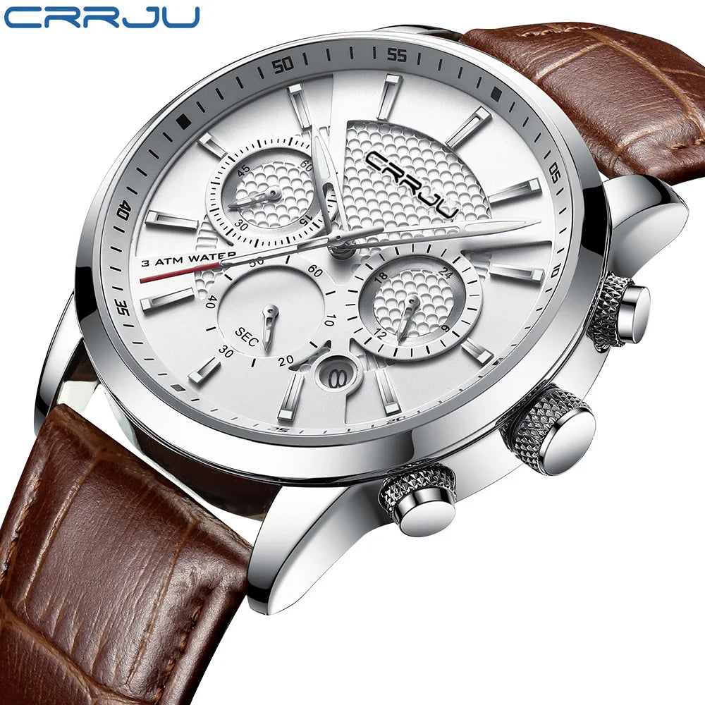Leather Strap Quartz Alloy Case Pearl Movement Analog Dial Six-Hand Chronograph 30M Water Resistant Stylish Leisure Men's Watch