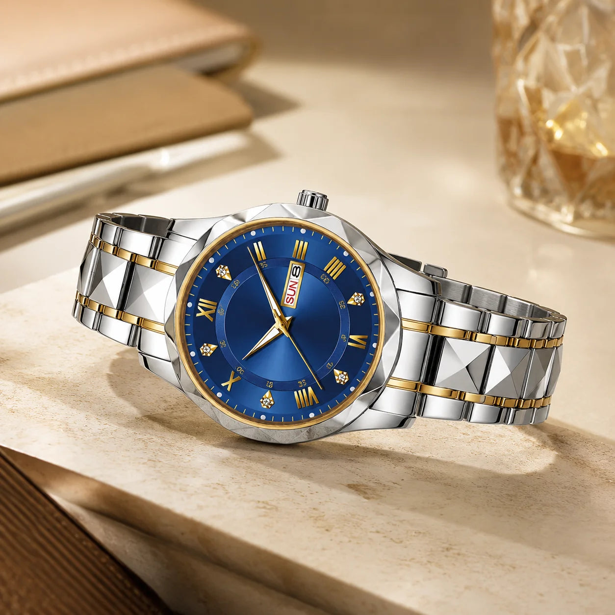 Men's Business Alloy Case 43mm Stainless Steel Strap Quartz Watch 30M Water Resistant Pointer Calendar