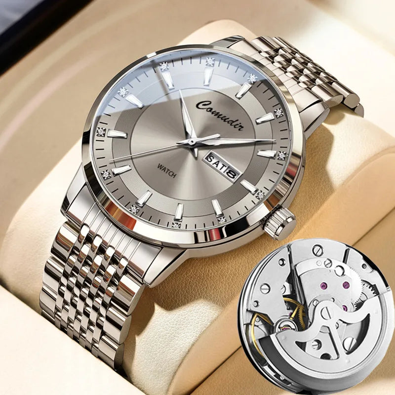 Automatic Quartz Men's Watch Hollow Waterproof 30M Water Resistant Tide Luminous Pointer Double Calendar Trembles Cross-Border