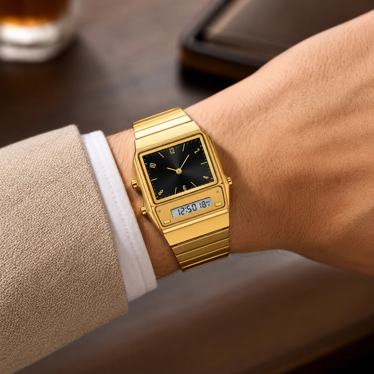 Classic Square Analog-Digital Watch Alarm Unisex Fashion Multi-Color Dial Zinc Alloy Case Stainless Steel 3BAR Water Resistant
