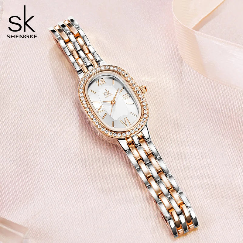 Women's Fashion Oval Alloy Waterproof Diamond-encrusted Quartz Watch with Pointer Dial