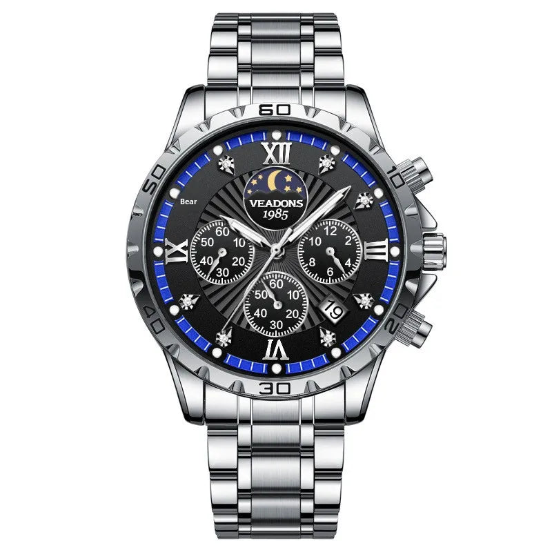 Men's Alloy Multifunctional Quartz Watch Moon Phase Chronograph Luminous Sapphire Crystal Glass 30M Water Resistant
