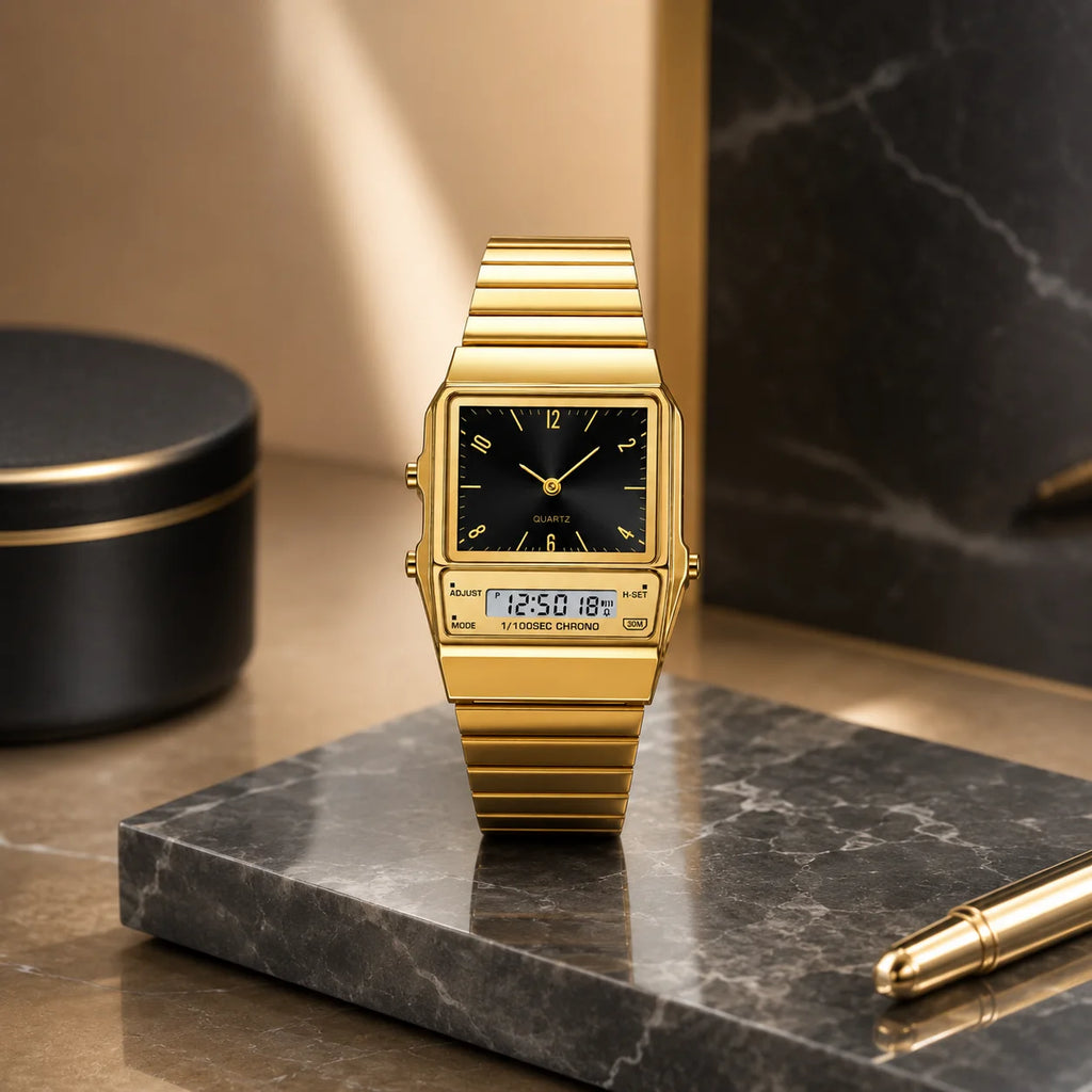 Classic Square Analog-Digital Watch Alarm Unisex Fashion Multi-Color Dial Zinc Alloy Case Stainless Steel 3BAR Water Resistant
