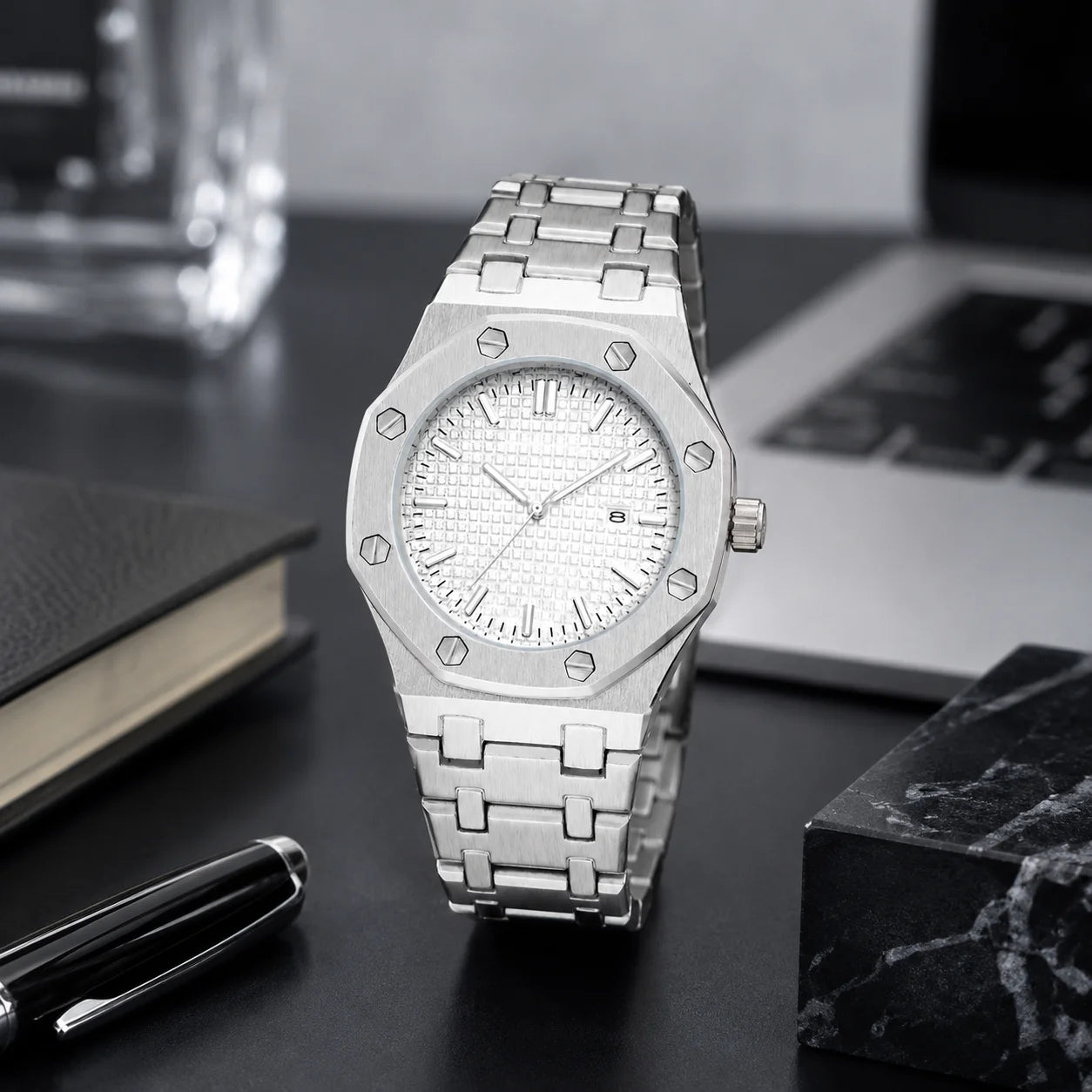 Mens Luxury Quartz Watch Drop Shipping; 41mm Octagonal Alloy Case Alloy Band; 30M Water Resistant Pointer Dial