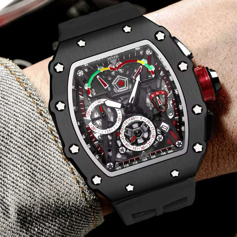Men's Quartz Waterproof Rectangle Watch Alloy Case Silicone Band Pointer Dial Three Eyes Design