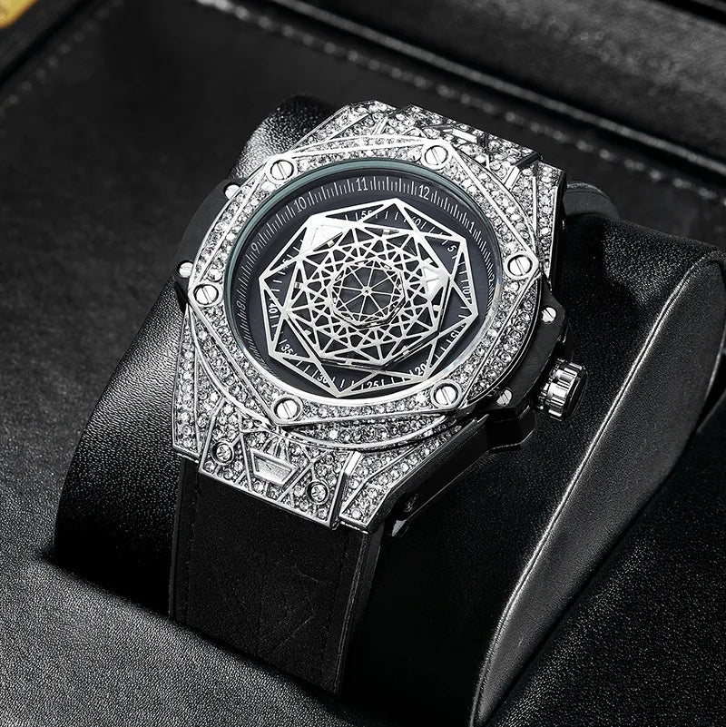 Diamond-embellished Alloy Case 45mm Pointer Dial Fashionable Trendy Creative Mens Silicone Luminous Quartz Watch